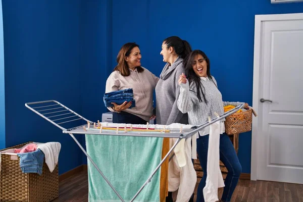 Three Woman Hanging Clothes Clothesline Dancing Laundry Room — Stock Photo, Image