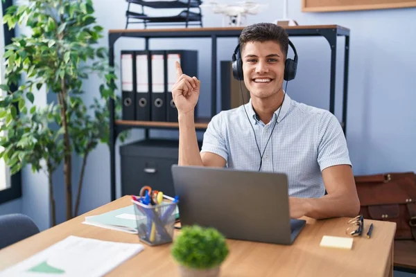 Young Hispanic Man Working Office Wearing Headphones Big Smile Face — Stock Photo, Image