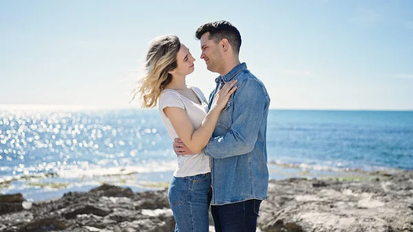 Man Woman Couple Smiling Confident Dancing Seaside — Stok fotoğraf