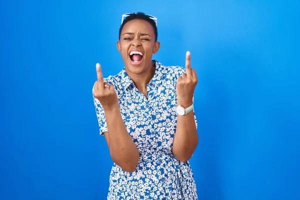 African American Woman Standing Blue Background Showing Middle Finger Doing — Stock fotografie