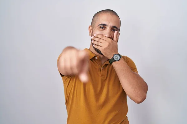 Hispanic Man Beard Standing White Background Laughing You Pointing Finger — Stockfoto