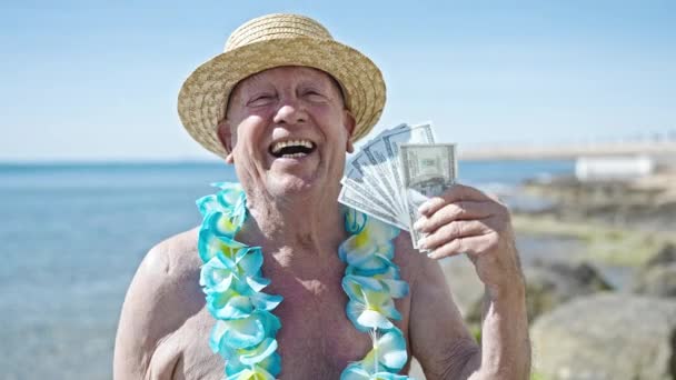 高级灰发男子游客身穿泳衣 头戴夏帽 在海滨用美元作为手扇 — 图库视频影像