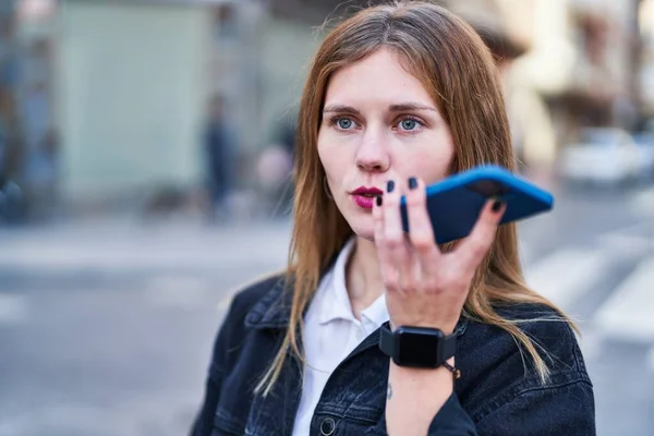 Young Blonde Woman Sending Voice Message Smartphone Street — Stock Fotó