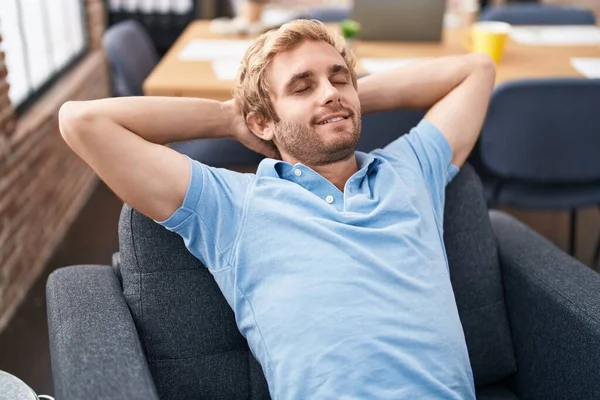Young Man Business Worker Relaxed Hands Head Sitting Sofa Office — Foto de Stock