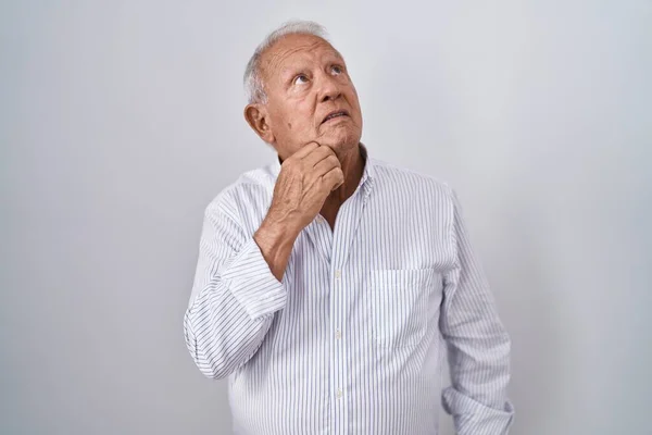 Senior Man Grey Hair Standing Isolated Background Hand Chin Thinking — Photo