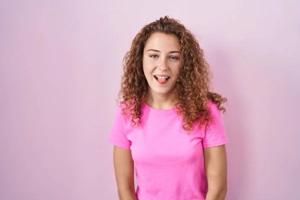 Young Caucasian Woman Standing Pink Background Sticking Tongue Out Happy — Stock Photo, Image