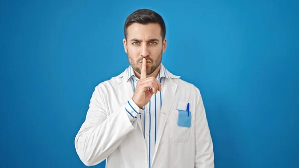 Young Hispanic Man Doctor Asking Silent Isolated Blue Background — Stock Photo, Image