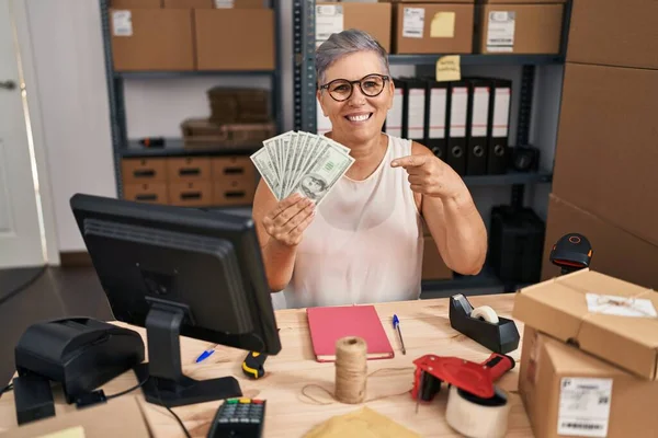 Middle Age Woman Working Small Business Ecommerce Holding Dollars Smiling — Stock Photo, Image