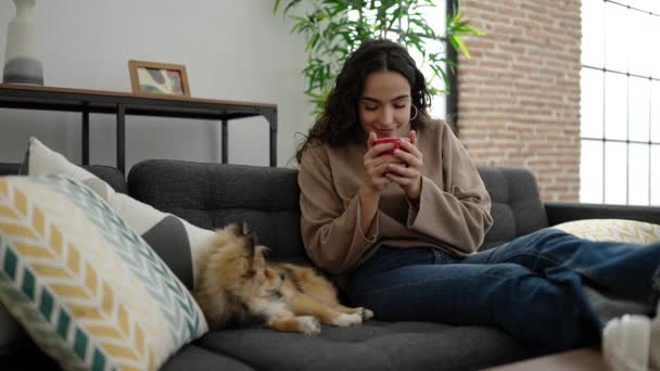 Mujer Hispana Joven Con Perro Oliendo Taza Café Sentado Sofá — Vídeo de stock