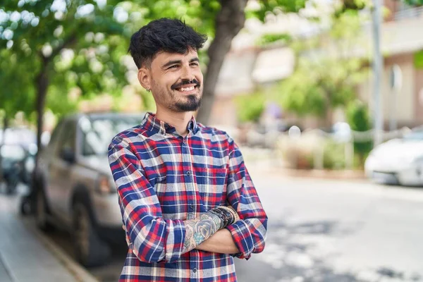 Young Hispanic Man Smiling Confident Standing Arms Crossed Gesture Street — 스톡 사진