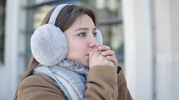 Young Blonde Woman Blowing Hands Cold Street — Stock Photo, Image