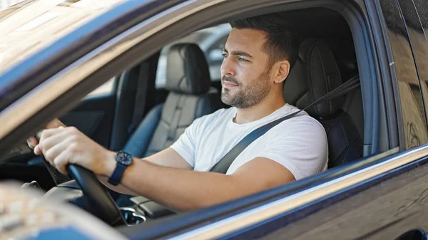 Young Hispanic Man Smiling Confident Driving Car Street — Stock Fotó