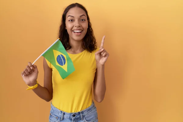 Mladá Hispánka Držící Brazilskou Vlajku Ukazující Prstem Nahoru Úspěšným Nápadem — Stock fotografie
