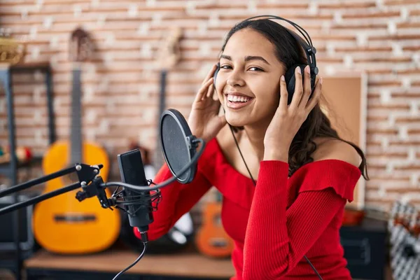 Young African American Woman Artist Singing Song Music Studio — Stockfoto