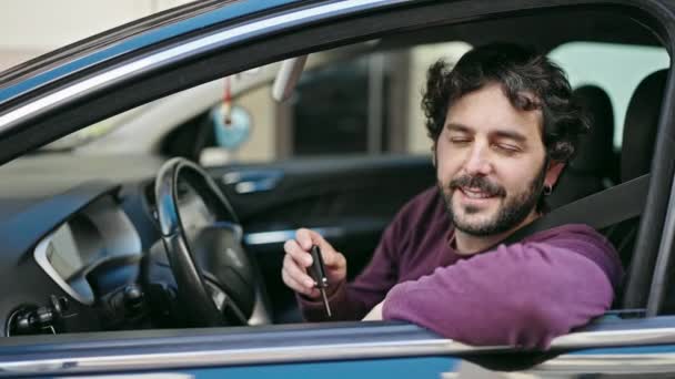 Young Hispanic Man Smiling Confident Holding Key New Car Street — Stockvideo
