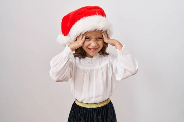 Little Hispanic Girl Wearing Christmas Hat Hand Head Headache Because — Stock Photo, Image