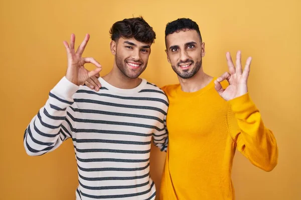 Joven Pareja Gay Hispana Pie Sobre Fondo Amarillo Sonriendo Positiva — Foto de Stock