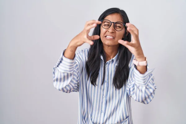 Young Hispanic Woman Wearing Glasses Shouting Frustrated Rage Hands Trying — Stock Photo, Image