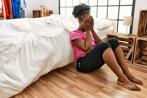 African American Woman Stressed Sitting Floor Bedroom — Stock fotografie
