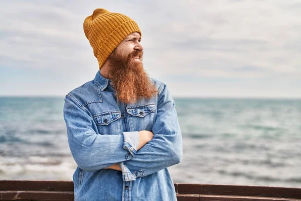 Young Redhead Man Smiling Confident Standing Arms Crossed Gesture Seaside — Stockfoto