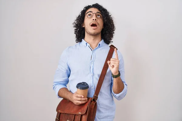 Hispanic Man Curly Hair Drinking Cup Take Away Coffee Amazed — Stock Photo, Image