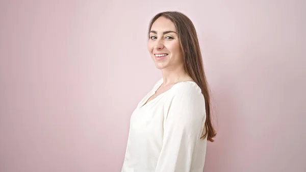 stock image Young beautiful hispanic woman smiling confident standing over isolated pink background