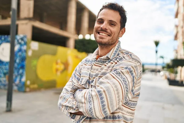 Young Hispanic Man Smiling Confident Standing Arms Crossed Gesture Street — Stok fotoğraf