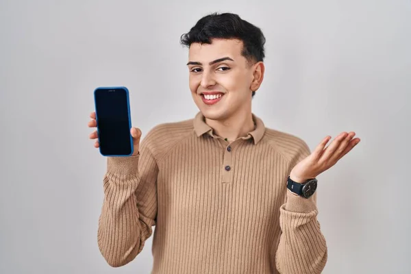 Non Binary Person Holding Smartphone Showing Blank Screen Celebrating Achievement — Stock Photo, Image