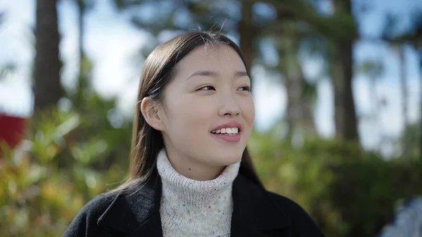 Young Chinese Woman Smiling Confident Looking Side Park — 图库照片
