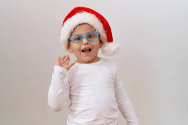 Little Hispanic Boy Wearing Glasses Christmas Hat Celebrating Achievement Happy — Stock Photo, Image