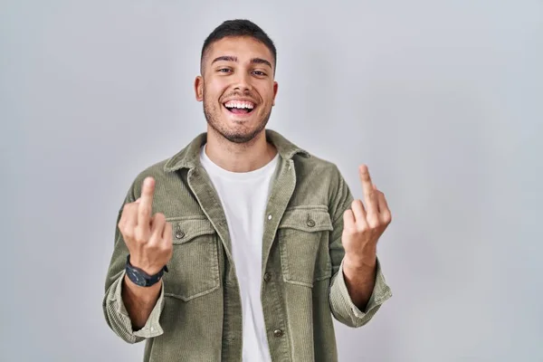 Young Hispanic Man Standing Isolated Background Showing Middle Finger Doing — Stockfoto