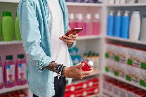 Young Hispanic Man Customer Make Photo Smartphone Medicine Bottle Pharmacy — Stock fotografie
