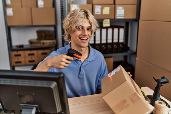 Young Blond Man Ecommerce Business Worker Scanning Package Office — Stockfoto