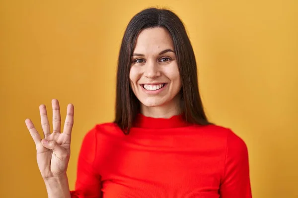 Young Hispanic Woman Standing Yellow Background Showing Pointing Fingers Number — Foto Stock