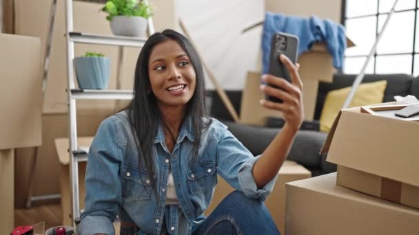 African American Woman Having Video Call Holding Key New Home — Stok Video