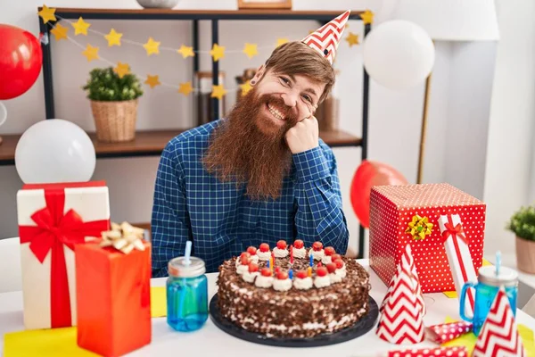 Young Redhead Man Celebrating Birthday Sitting Table Home — 스톡 사진