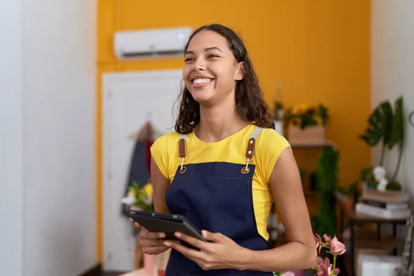 Young African American Woman Florist Smiling Confident Using Touchpad Flower — Stok fotoğraf