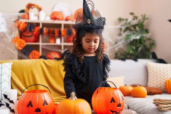 Adorable Hispanic Girl Having Halloween Party Looking Pumpkin Basket Home — Stock Photo, Image