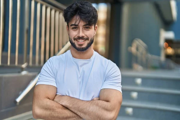 Young Hispanic Man Smiling Confident Standing Arms Crossed Gesture Street — Stock Photo, Image