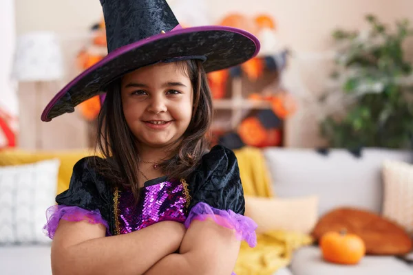 Adorable Hispanic Girl Having Halloween Party Standing Arms Crossed Gesture — Stock Photo, Image