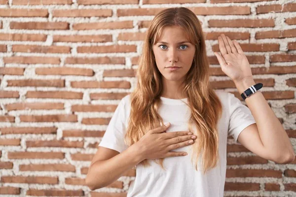 Young Caucasian Woman Standing Bricks Wall Swearing Hand Chest Open — Stock Photo, Image