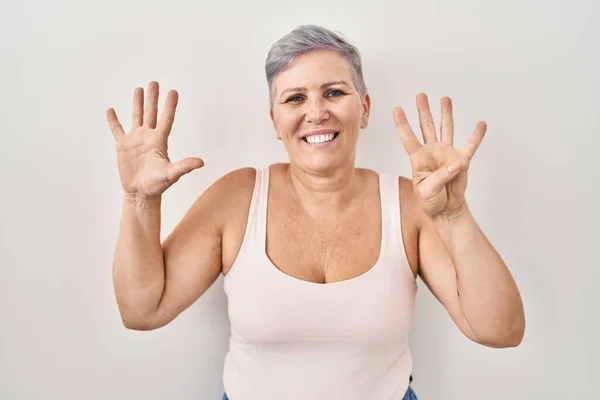 Middle Age Caucasian Woman Standing White Background Showing Pointing Fingers — Stock Photo, Image