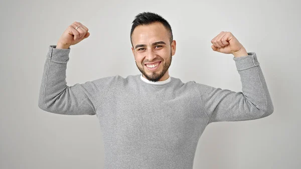 Hispanic Man Smiling Confident Doing Strong Gesture Arms Isolated White — Stock Photo, Image