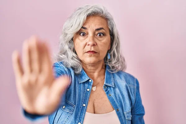 Middle Age Woman Grey Hair Standing Pink Background Doing Stop — Stok fotoğraf