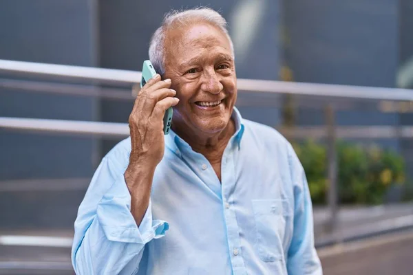 Senior Grey Haired Man Smiling Confident Talking Smartphone Street — 스톡 사진