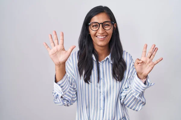 Young Hispanic Woman Wearing Glasses Showing Pointing Fingers Number Nine — Stock Photo, Image