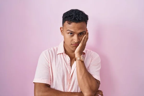 Young Hispanic Man Standing Pink Background Thinking Looking Tired Bored — Stock Photo, Image