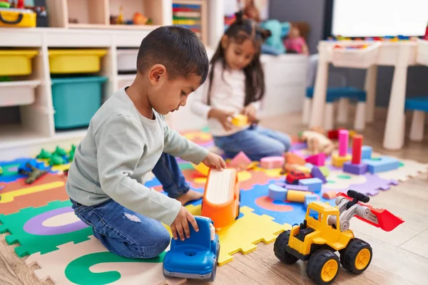 Adorable Boy Girl Playing Construction Blocks Car Toy Kindergarten — Stock Photo, Image