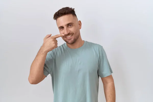 Hispanic Man Beard Standing White Background Pointing Hand Finger Face — стоковое фото