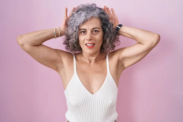 Middle Age Woman Grey Hair Standing Pink Background Doing Bunny — Stock Photo, Image